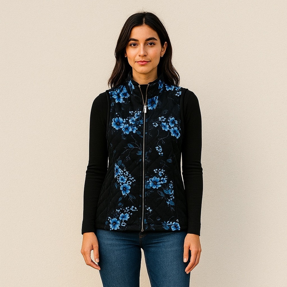 Silverwear Black Velvet Quilted Floral Vest – Women’s Size M Sleeveless Full Zip